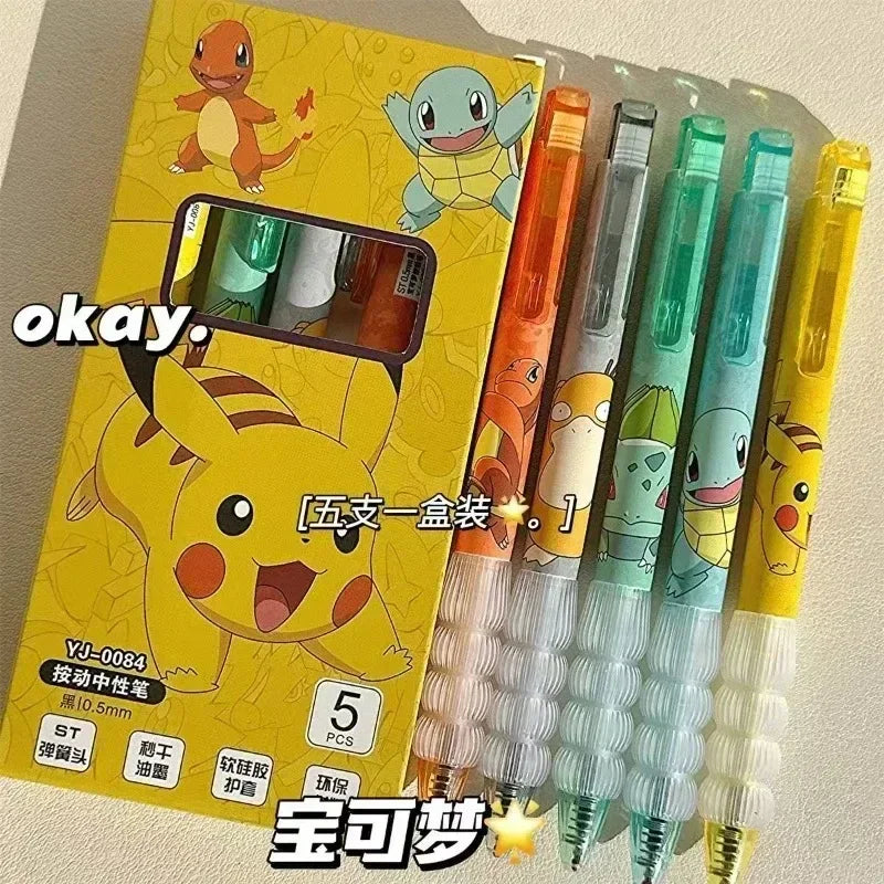 5pcs Pokemon Pen Set Pikachu Squirtle Charmander, Press Gel Pen Cute Anime School Office Supplies Stationery Gift for Kids